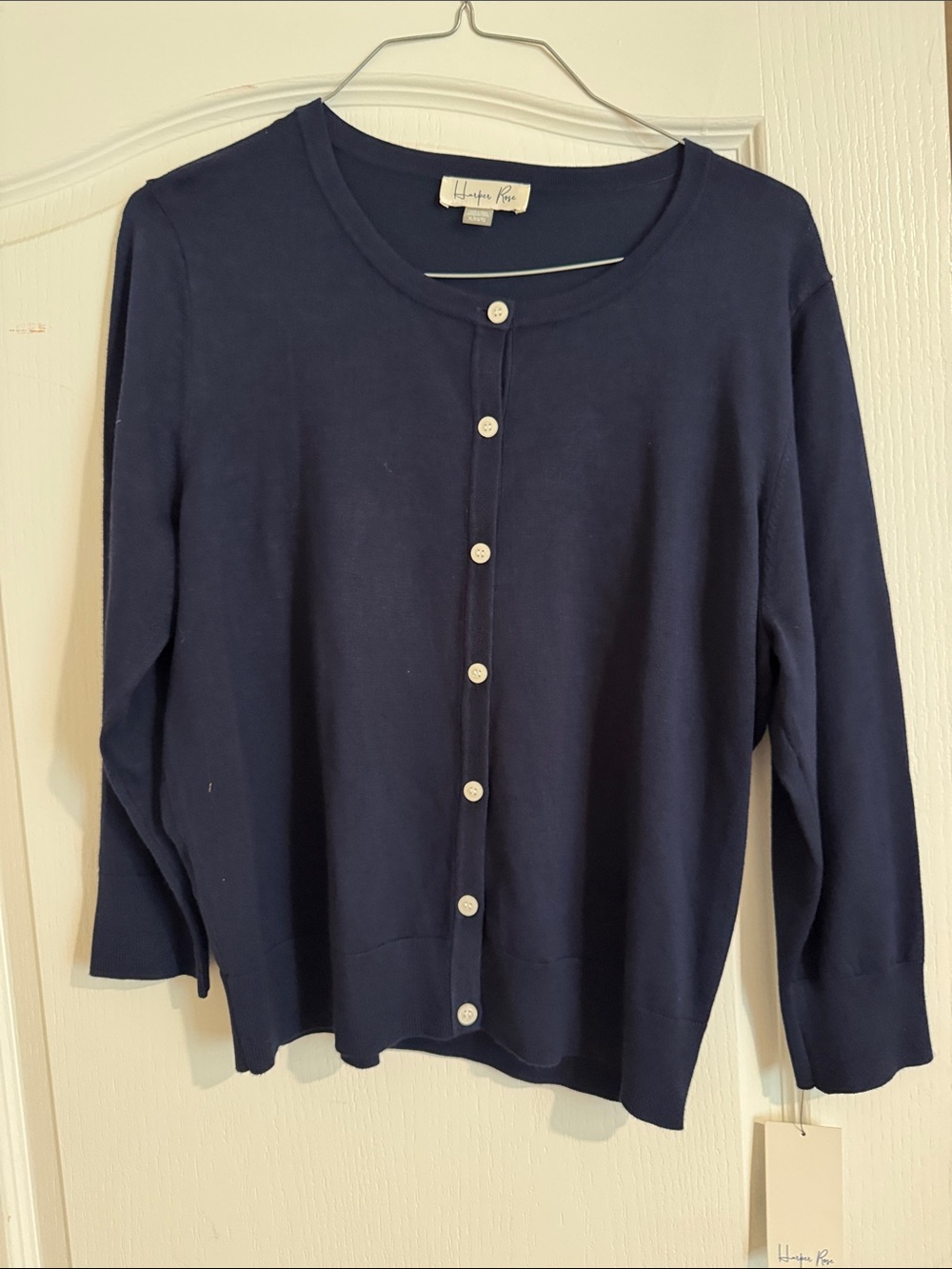 Harper Navy Button-Front Crewneck Cardigan